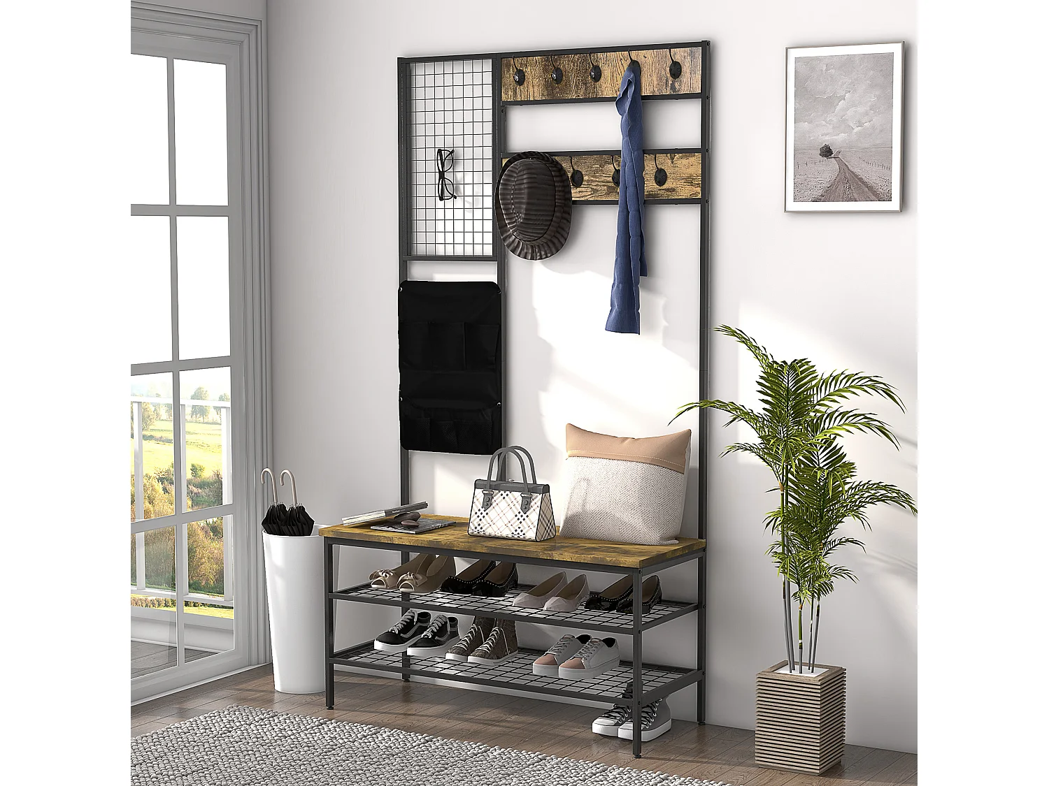 Perchero industrial con 9 ganchos, banco, soporte para notas y zapatero antivuelco