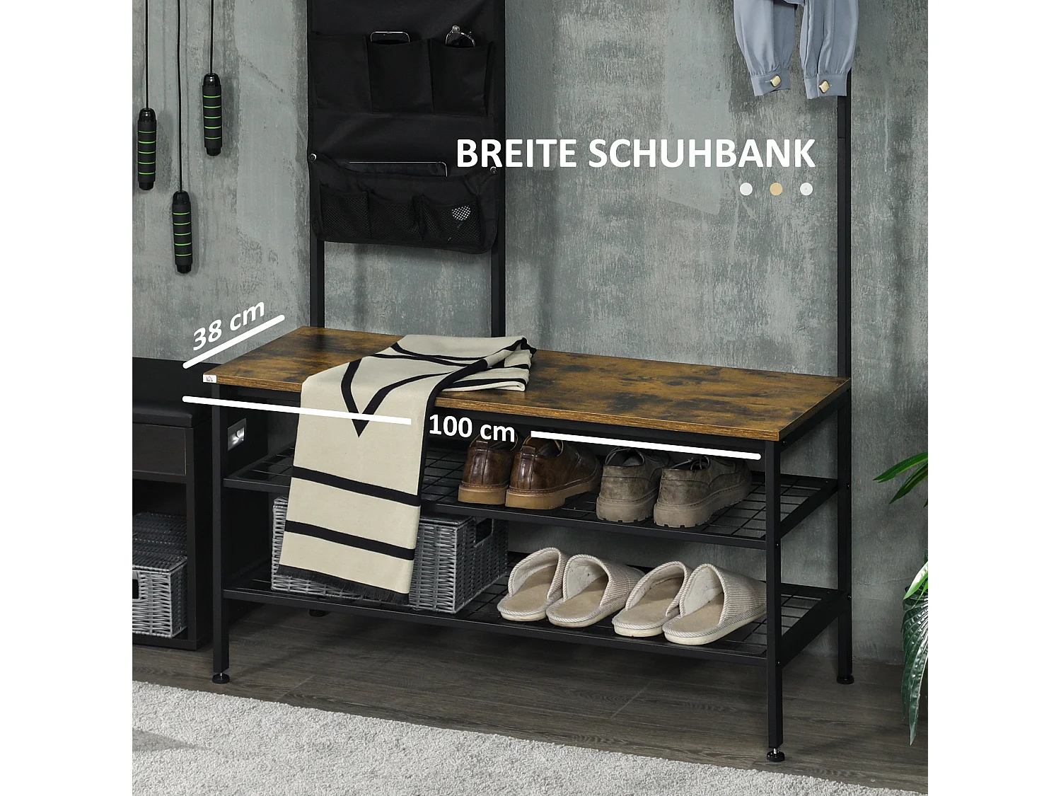 Perchero industrial con 9 ganchos, banco, soporte para notas y zapatero antivuelco