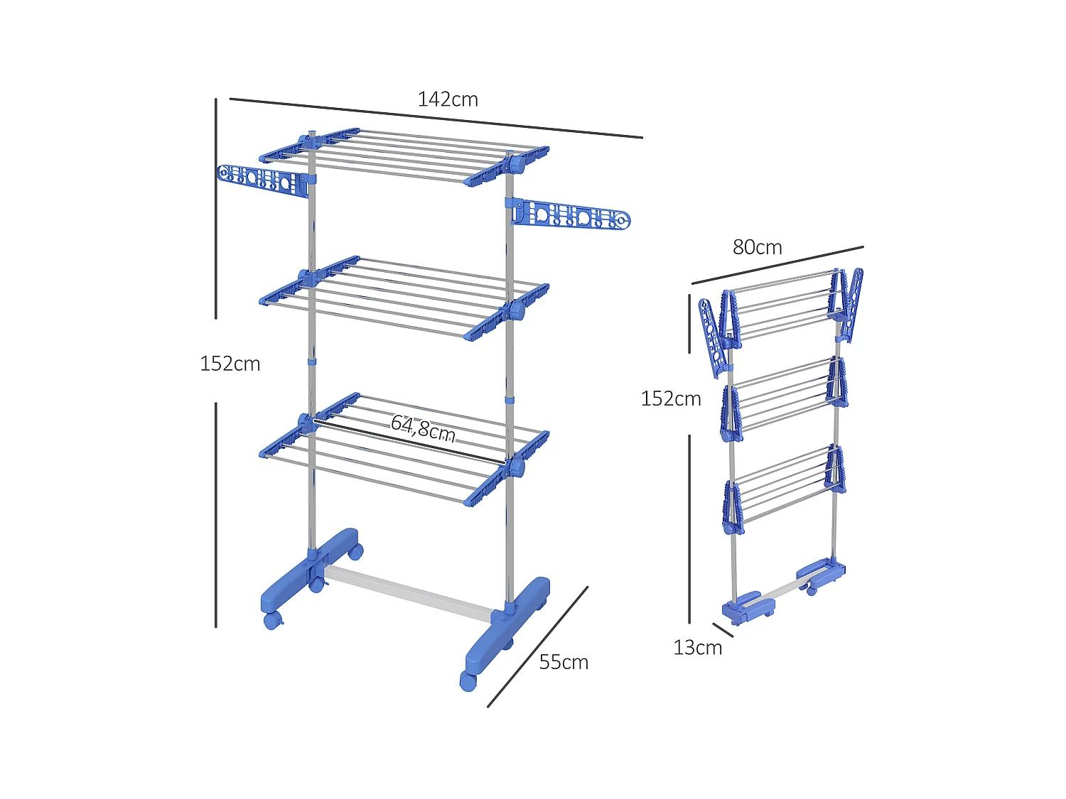 Tour de séchage à roulettes,3 niveaux,panneaux latéraux rabattables,acier,bleu