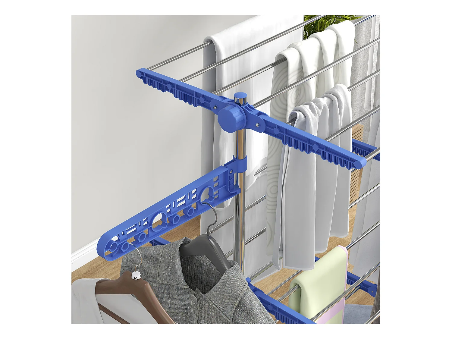 Tour de séchage à roulettes,3 niveaux,panneaux latéraux rabattables,acier,bleu