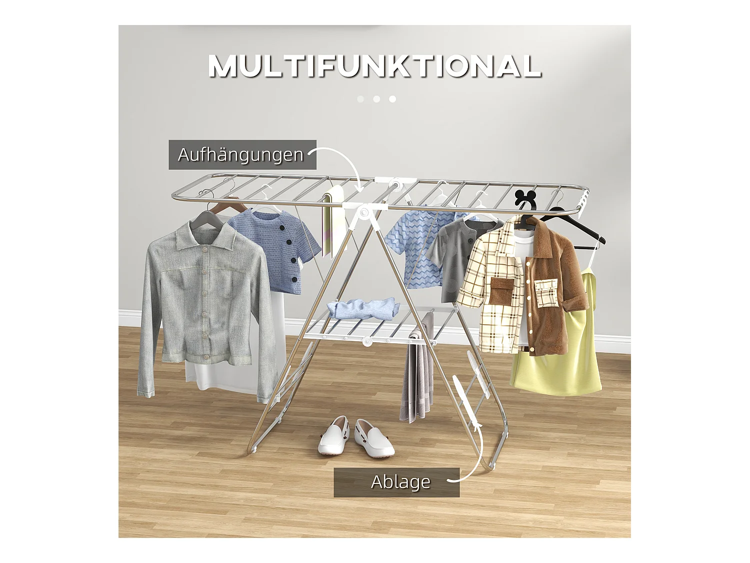 Faltbarer und tragbarer Wäscheständer mit Teleskopstangen, Edelstahl