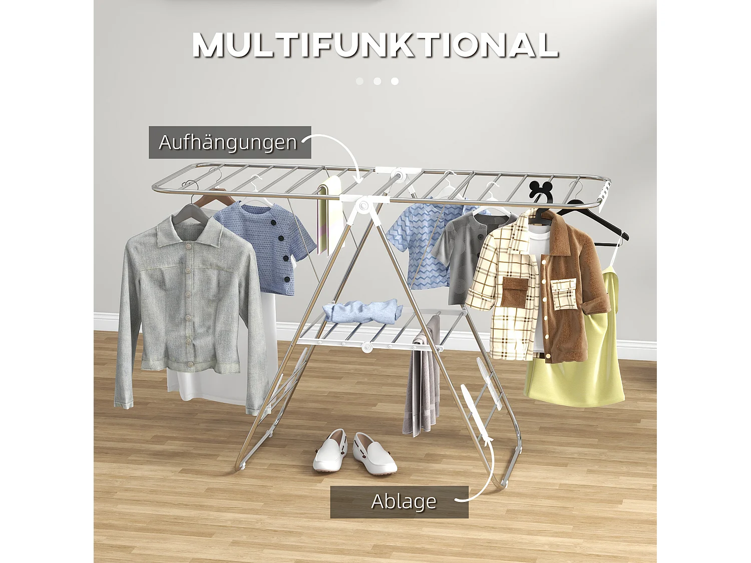 Faltbarer und tragbarer Wäscheständer mit Teleskopstangen, Edelstahl