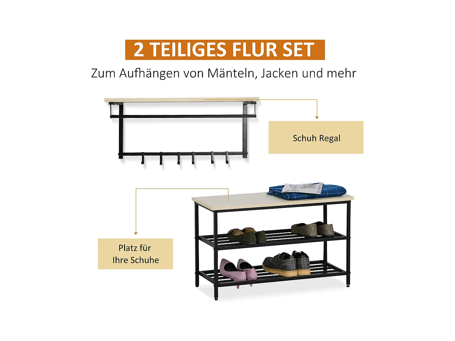 2-in-1-Garderobenset für den Eingangsbereich mit Bank, Wandgarderobe für den Eingangsbereich