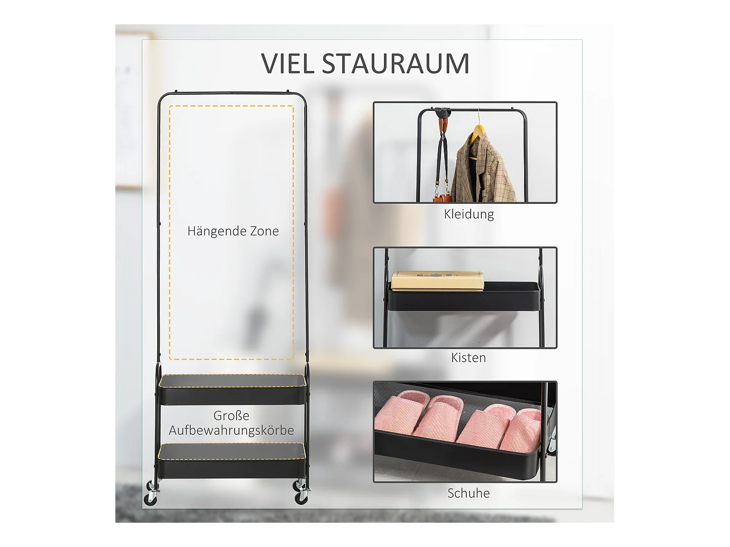 Garderobe auf Rollen, Garderobe mit Stange und Schuhregal