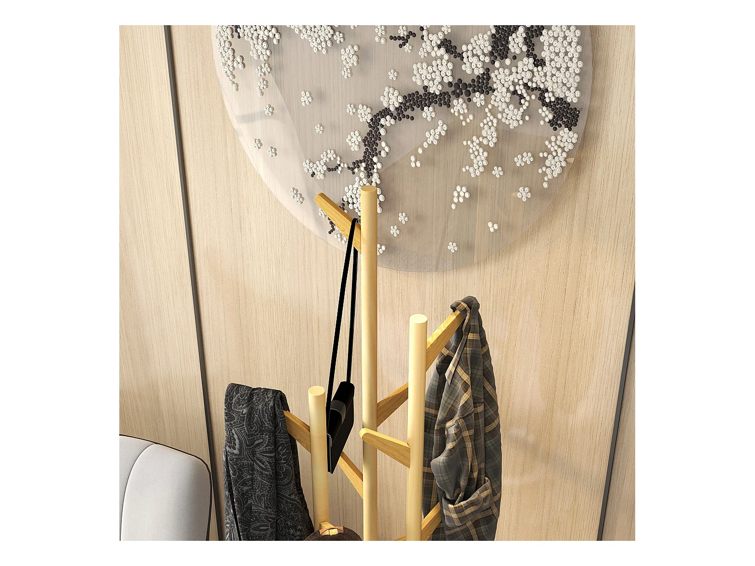 Freistehende Garderobe mit 13 Haken, moderner Schirmständer aus Metall und Bambus