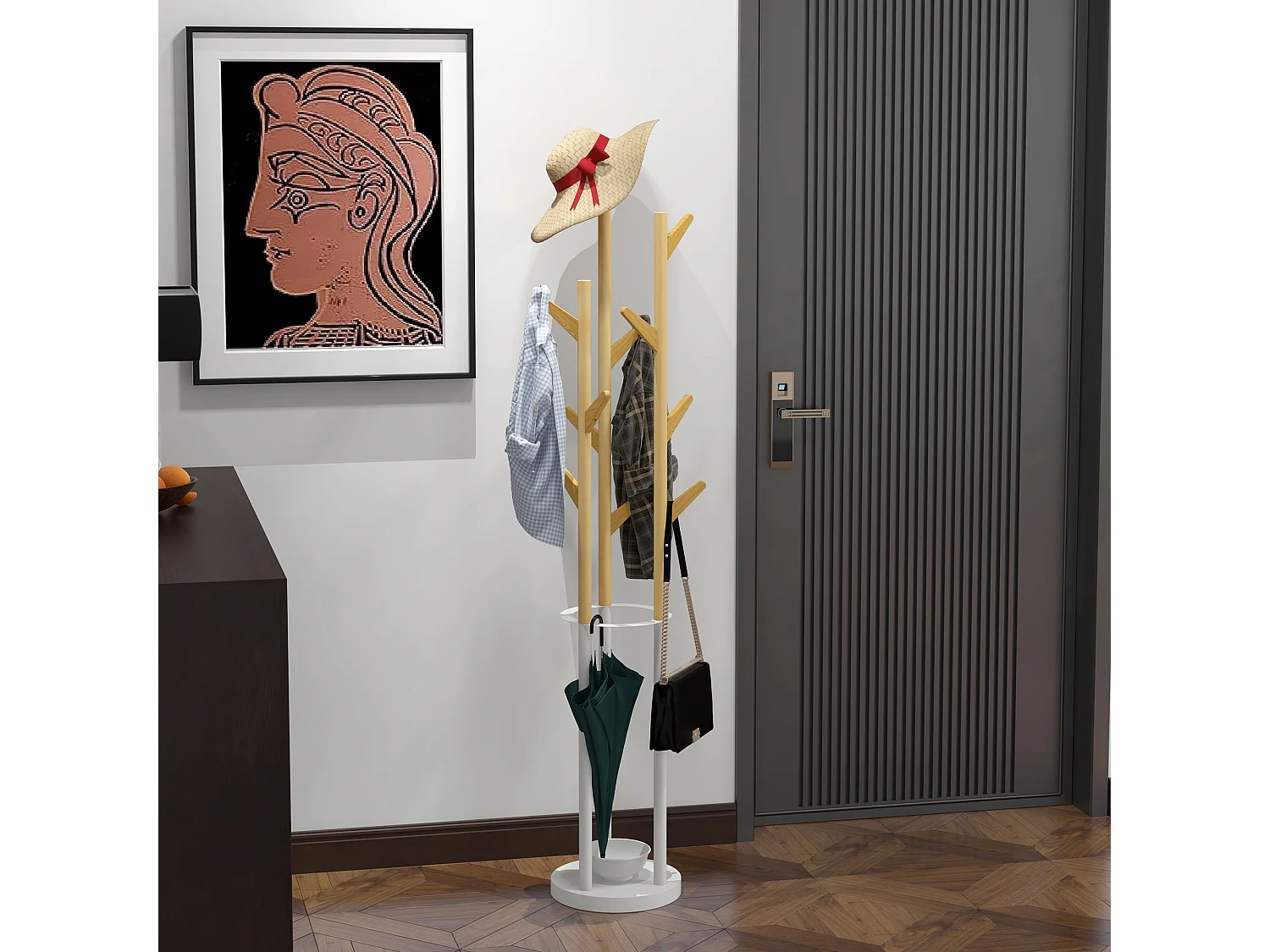 Porte-manteau sur pied avec 13 crochets,porte-parapluies moderne en métal et bambou