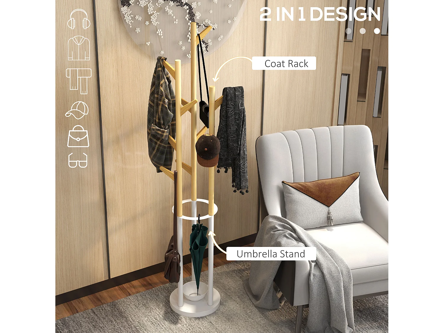 Porte-manteau sur pied avec 13 crochets,porte-parapluies moderne en métal et bambou