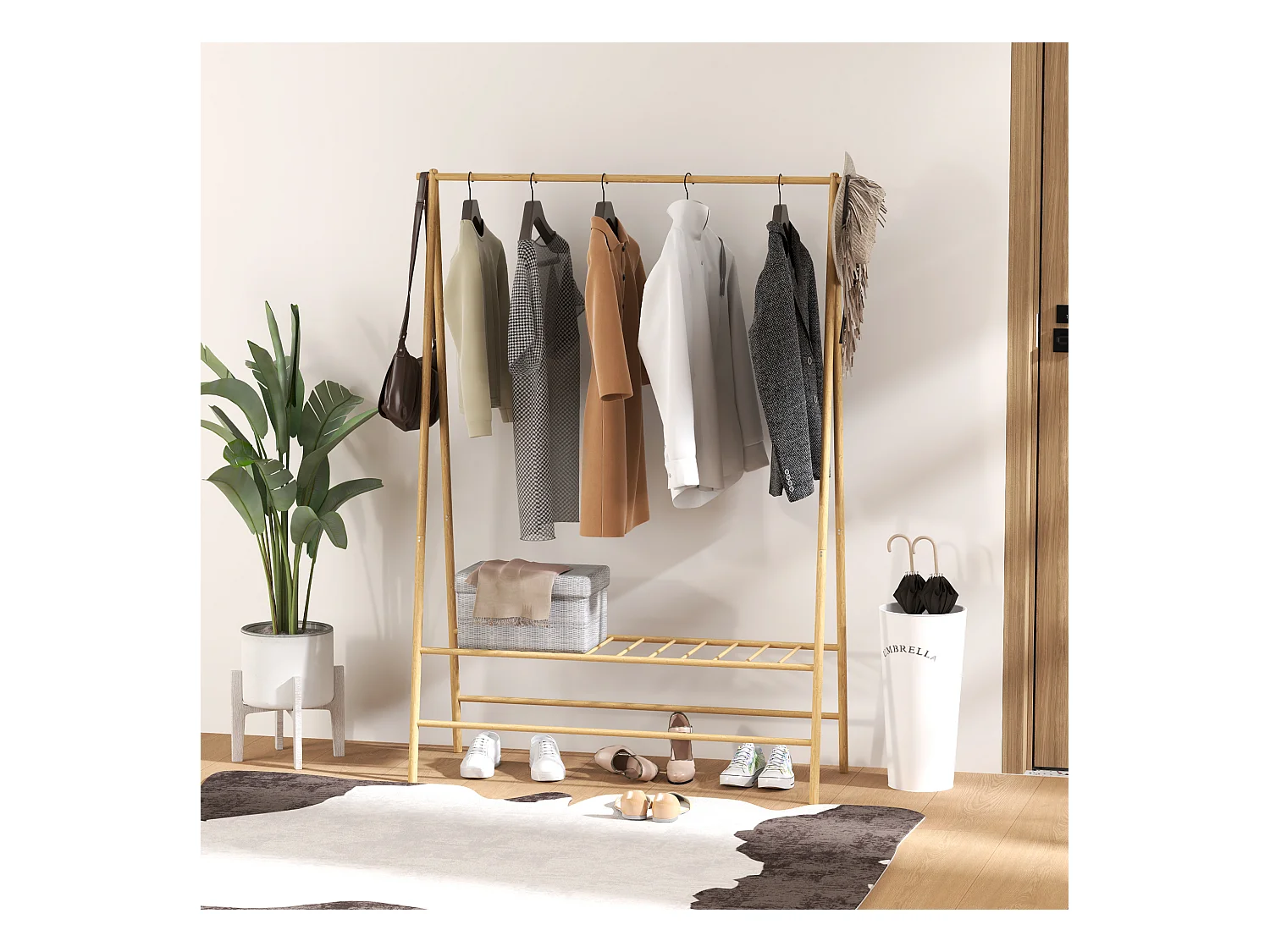 Porte-manteau en bambou,avec étagères et crochets,avec tringle à vêtements