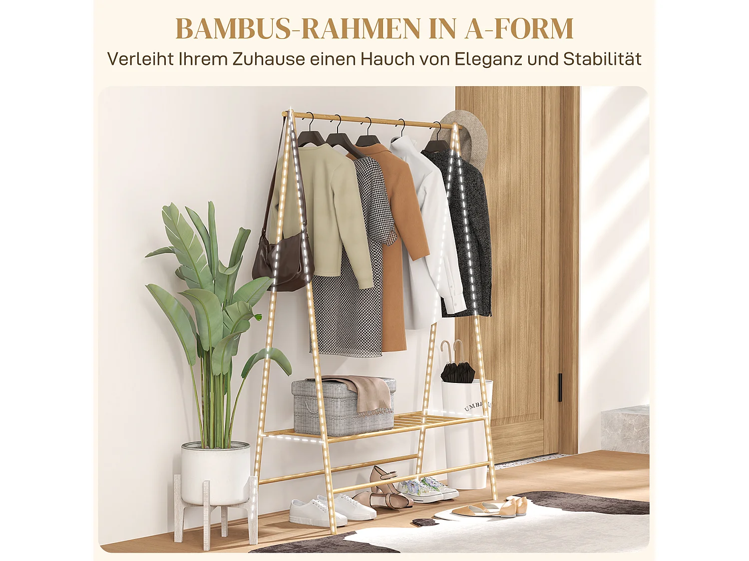 Perchero de bambú, con estantes, ganchos y barra