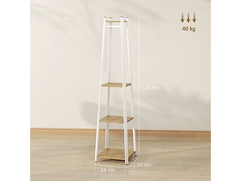 Cabide com 8 ganchos, 4 prateleiras, bengaleiro em aço para roupa e chapéus