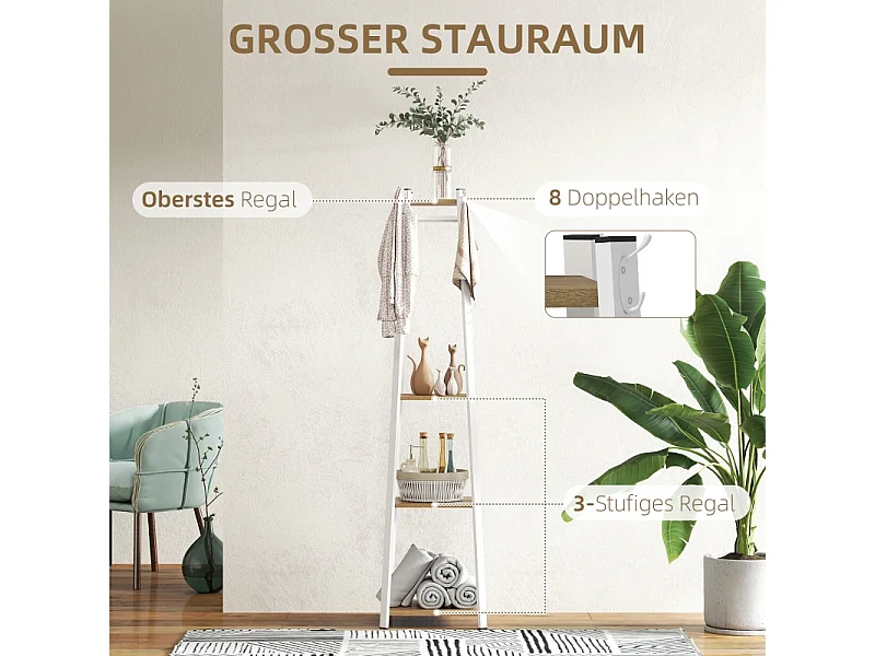 Cabide com 8 ganchos, 4 prateleiras, bengaleiro em aço para roupa e chapéus