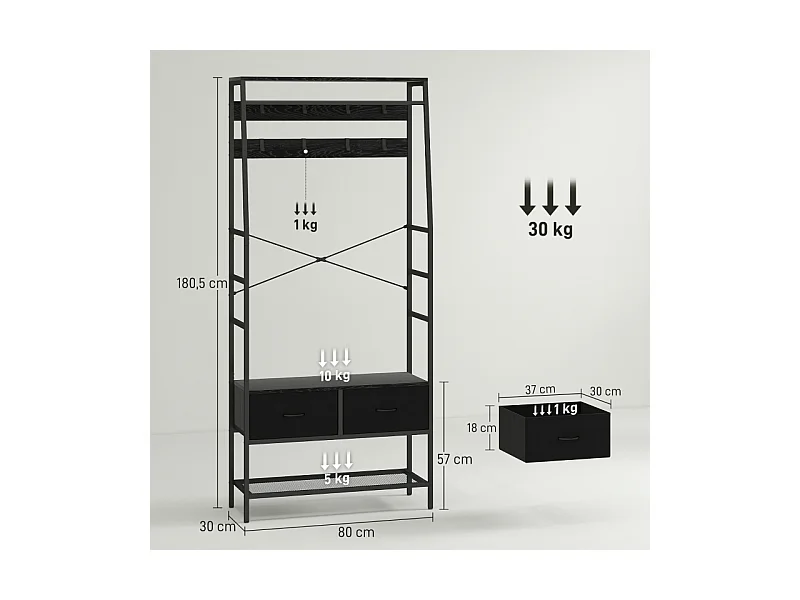 Porte-manteau avec étagère à chaussures,2 tiroirs en tissu,porte-manteau avec 8 crochets