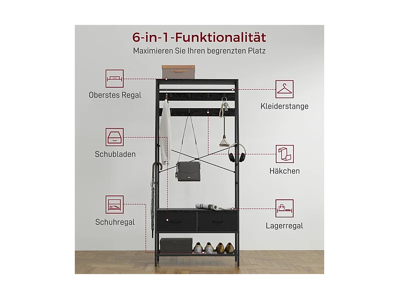 Porte-manteau avec étagère à chaussures,2 tiroirs en tissu,porte-manteau avec 8 crochets