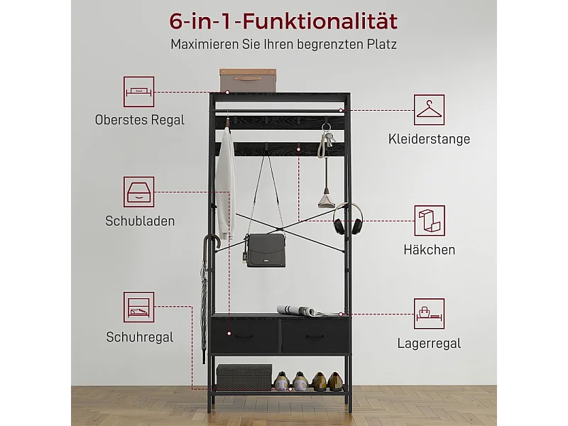 Porte-manteau avec étagère à chaussures,2 tiroirs en tissu,porte-manteau avec 8 crochets