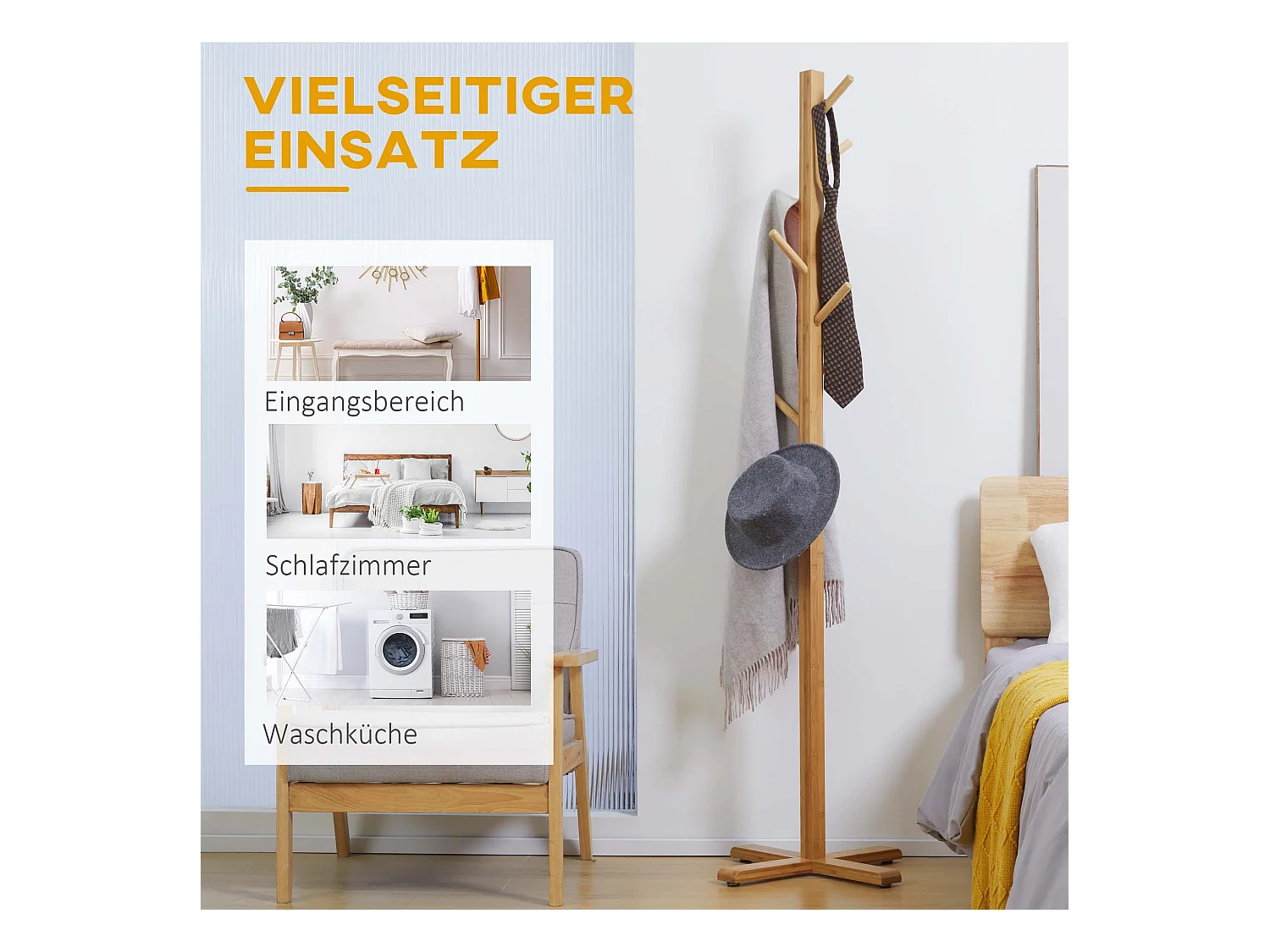 Bambusgarderobe mit 8 Haken, elegant und funktional für Flur oder Schlafzimmer