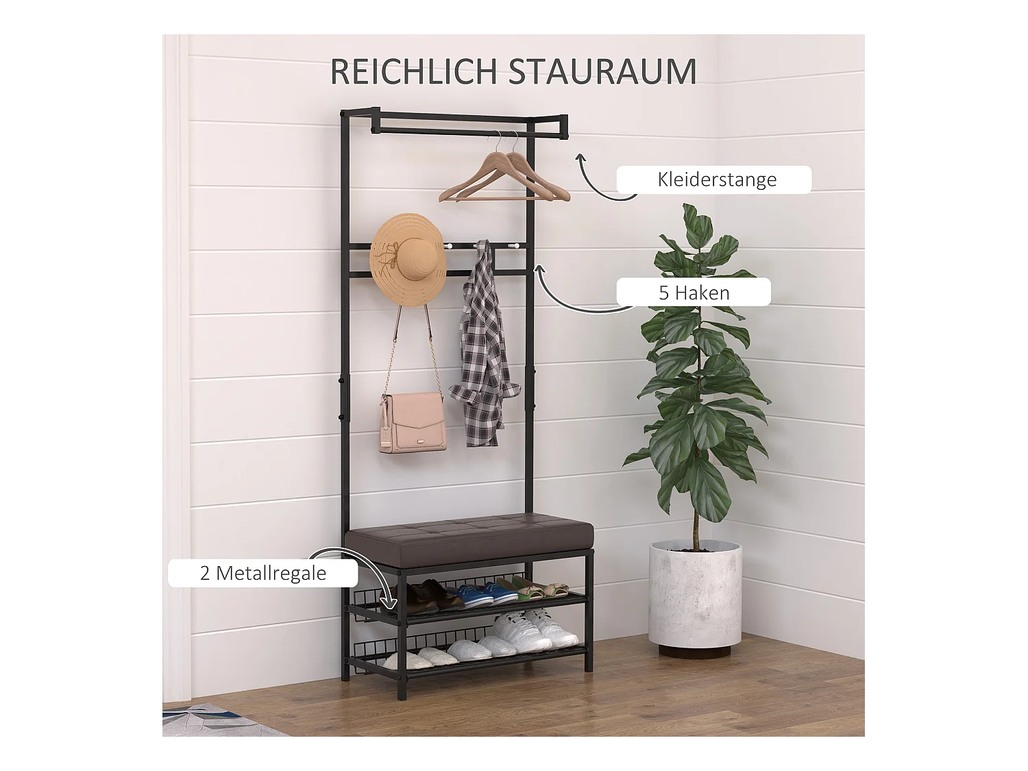 Garderobe mit Bank, Schuhregal aus Metall, 2 Schuhablagen