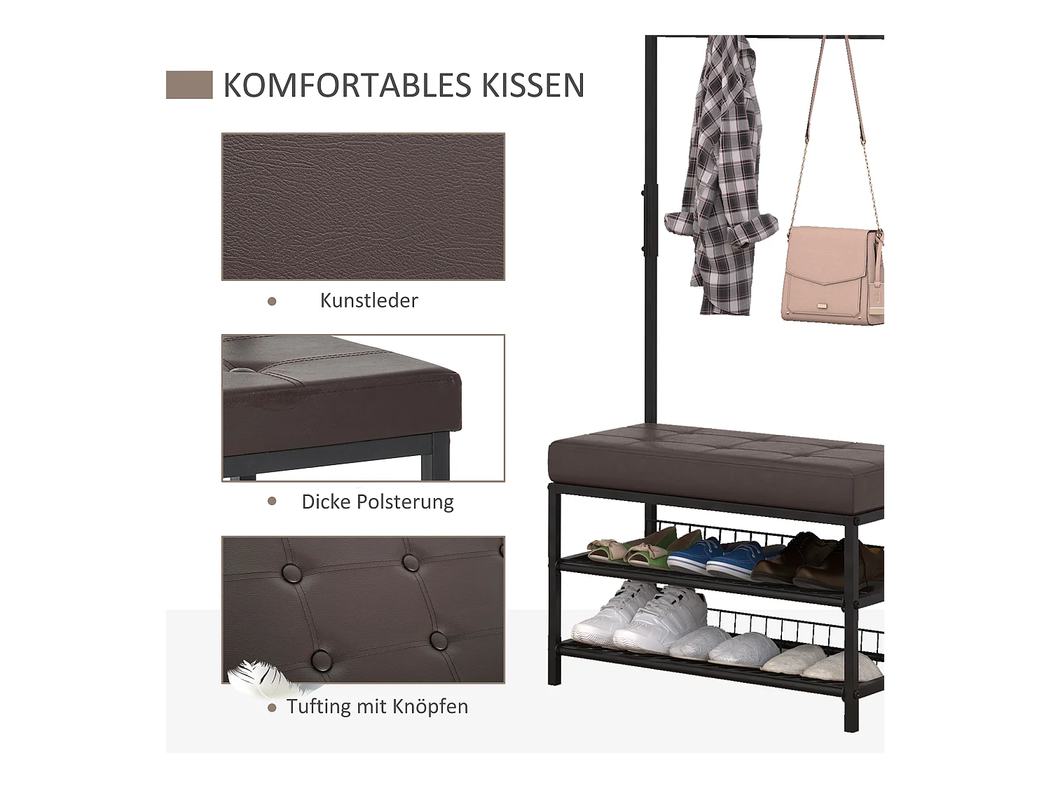 Garderobe mit Bank, Schuhregal aus Metall, 2 Schuhablagen