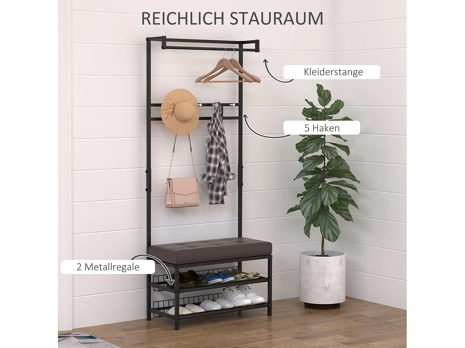 Porte-manteau avec banc,étagère à chaussures en métal,2 étagères à chaussures