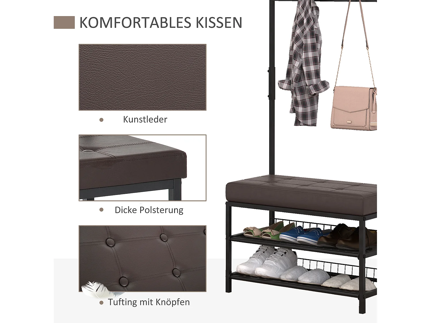 Porte-manteau avec banc,étagère à chaussures en métal,2 étagères à chaussures