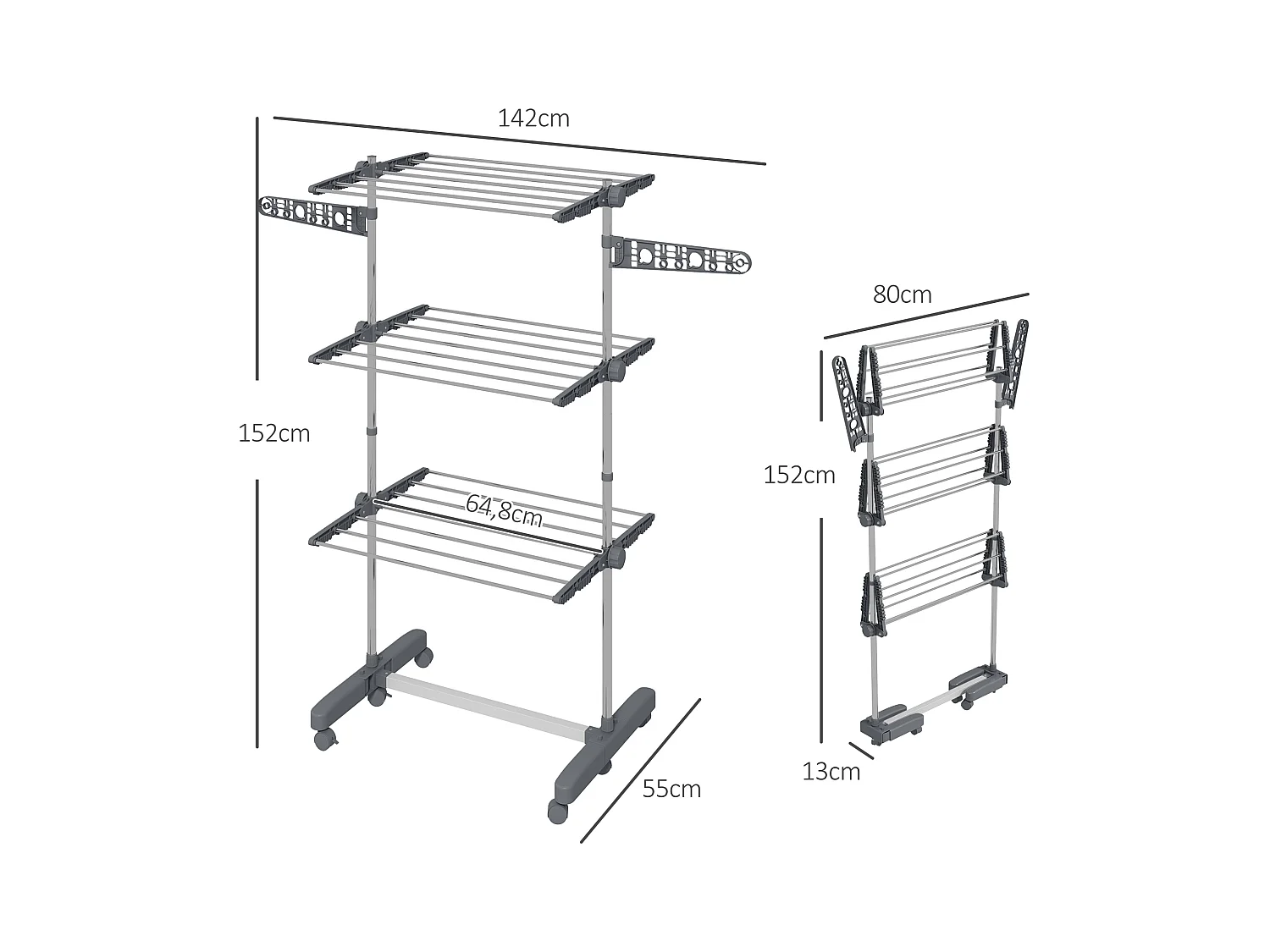 Séchoir à linge mobile,3 niveaux,pliable avec ailes latérales,tour à linge,acier,gris
