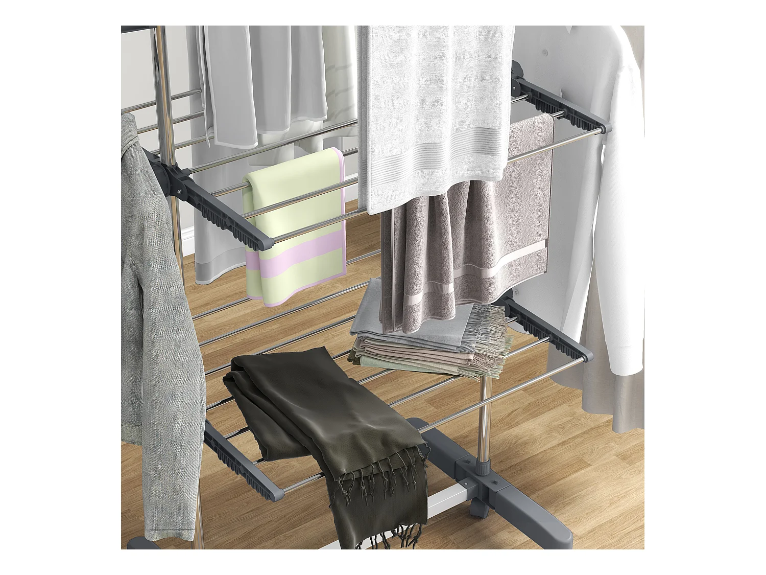 Séchoir à linge mobile,3 niveaux,pliable avec ailes latérales,tour à linge,acier,gris