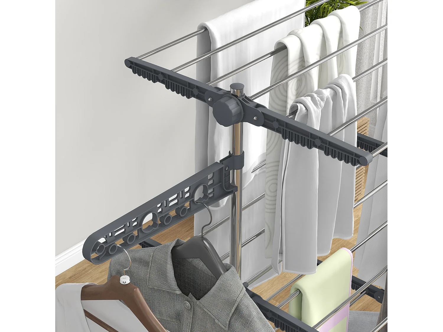 Séchoir à linge mobile,3 niveaux,pliable avec ailes latérales,tour à linge,acier,gris