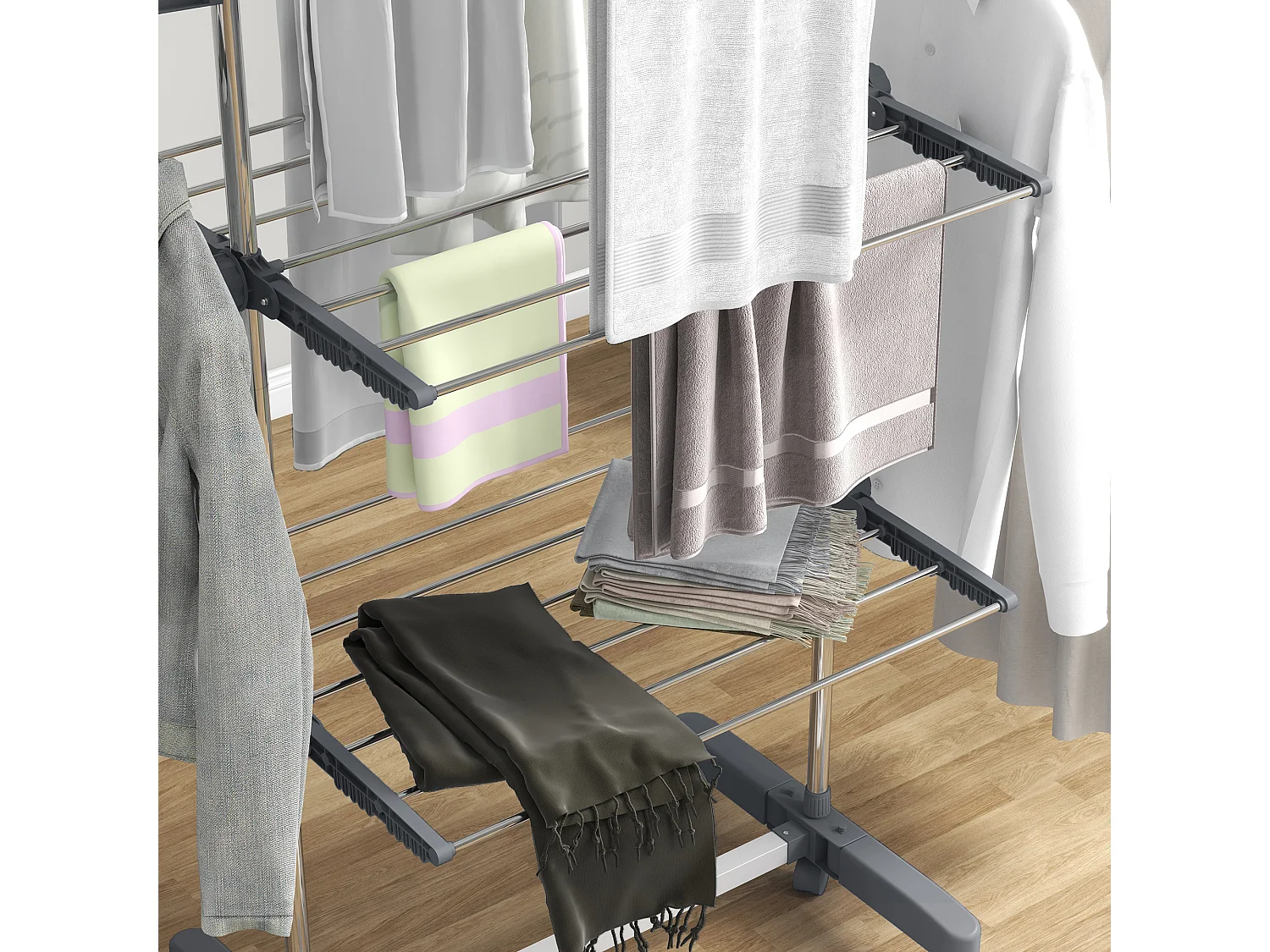 Séchoir à linge mobile,3 niveaux,pliable avec ailes latérales,tour à linge,acier,gris