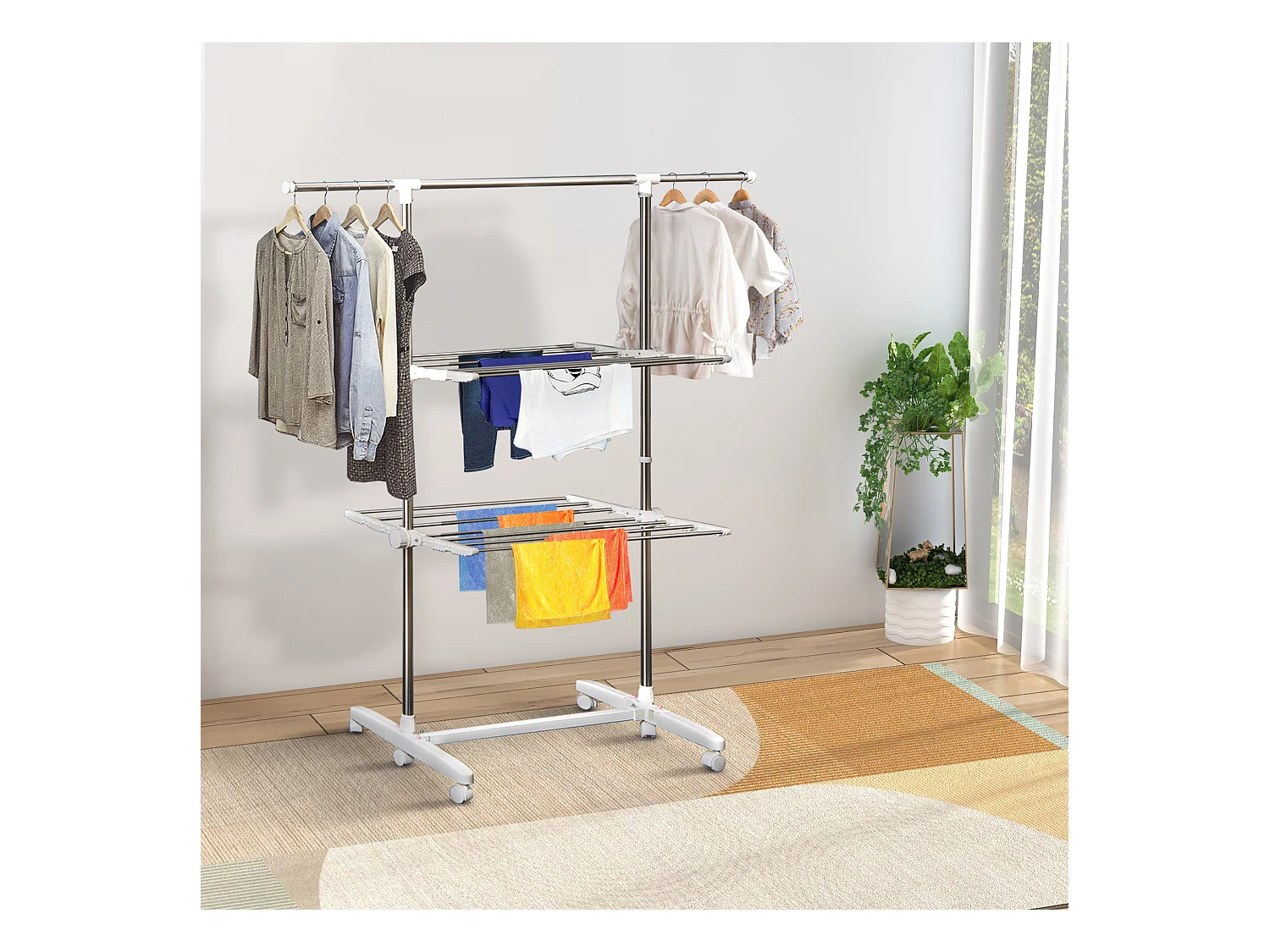 Mobiler Wäscheständer, faltbarer Wäscheständer mit 2-stöckigen Seitenflügeln