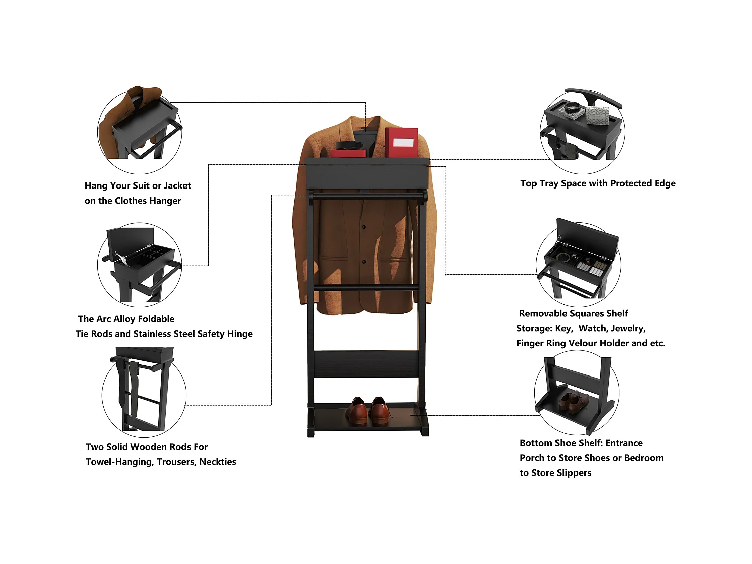 Tragbarer schwarzer Kleiderständer mit Stauraum