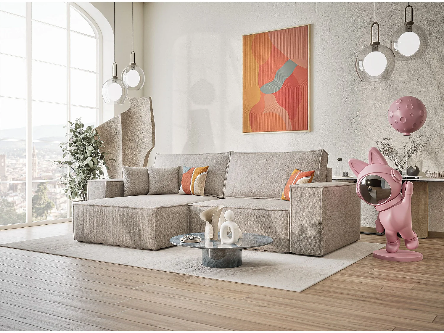 Ecksofa mit Schlaffunktion Zaya aus Webstoff - Drei-Personen - beige