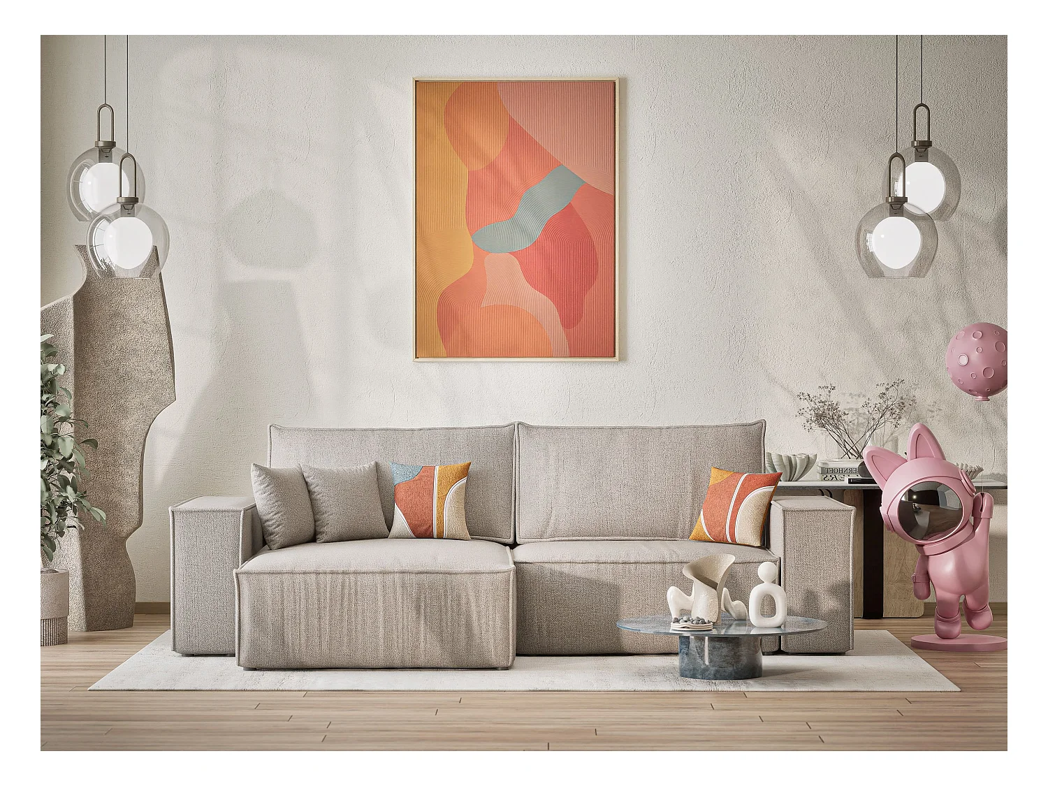 Ecksofa mit Schlaffunktion Zaya aus Webstoff - Drei-Personen - beige