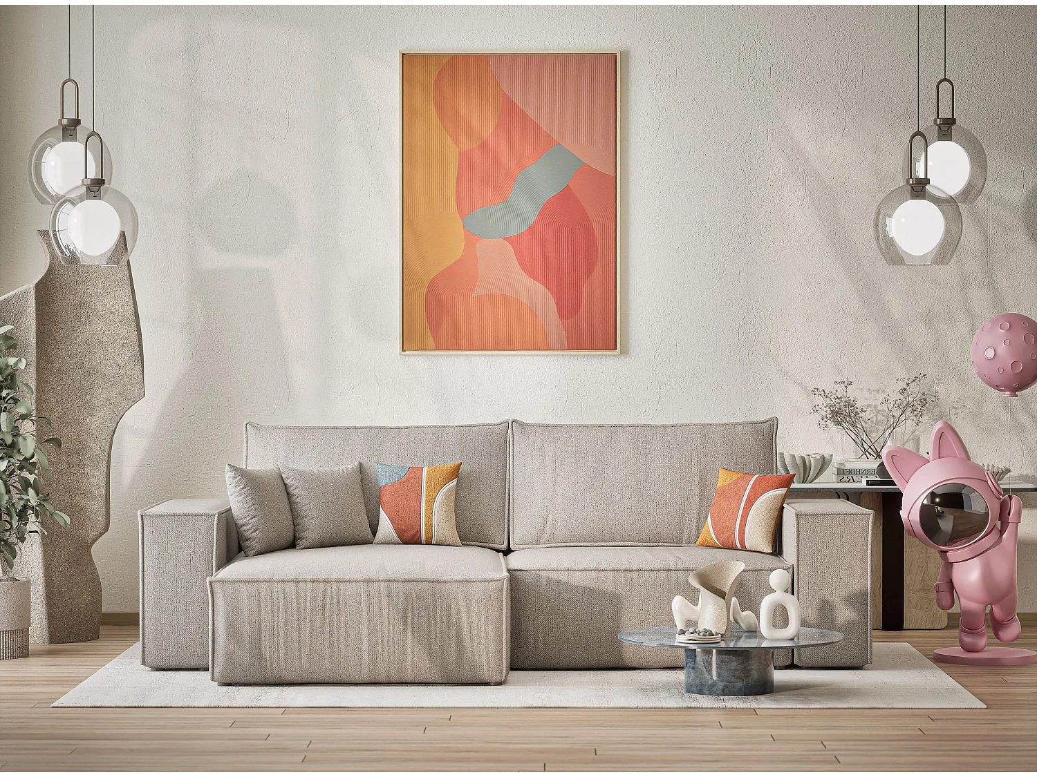 Canapé d'angle convertible Zaya im tissu tresse - 3 places - beige