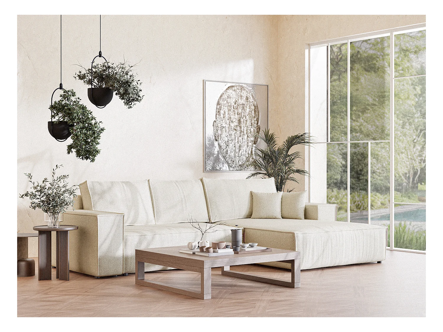 Canapé d'angle convertible Maze im tissu tresse - 5 places - creme