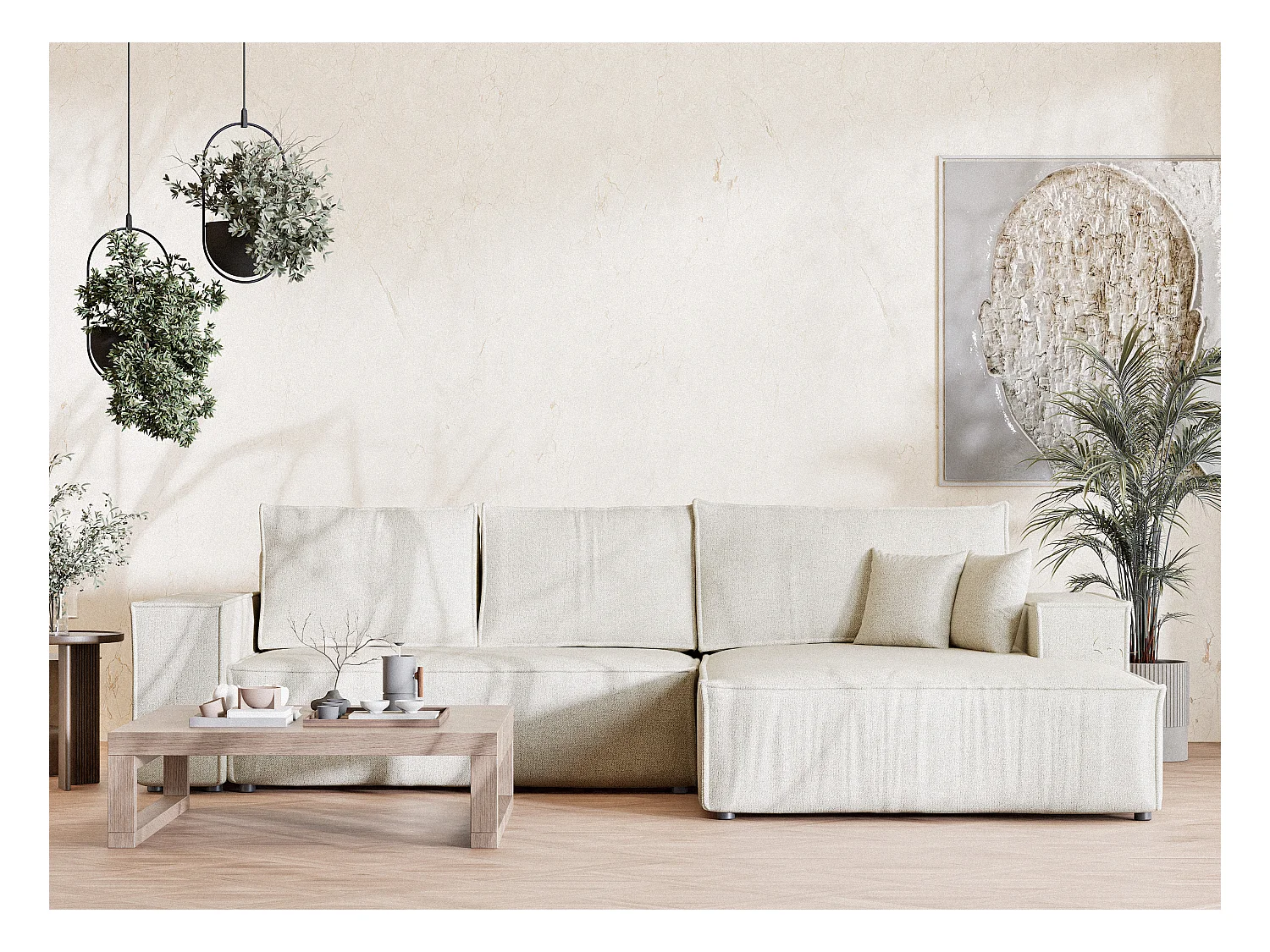 Canapé d'angle convertible Maze im tissu tresse - 5 places - creme