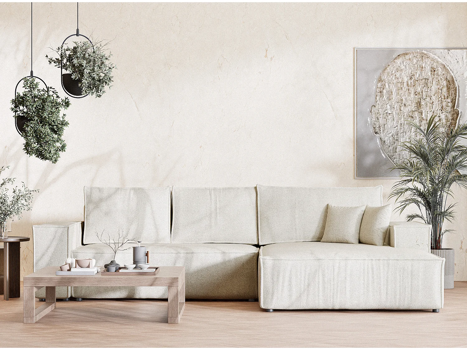 Canapé d'angle convertible Maze im tissu tresse - 5 places - creme