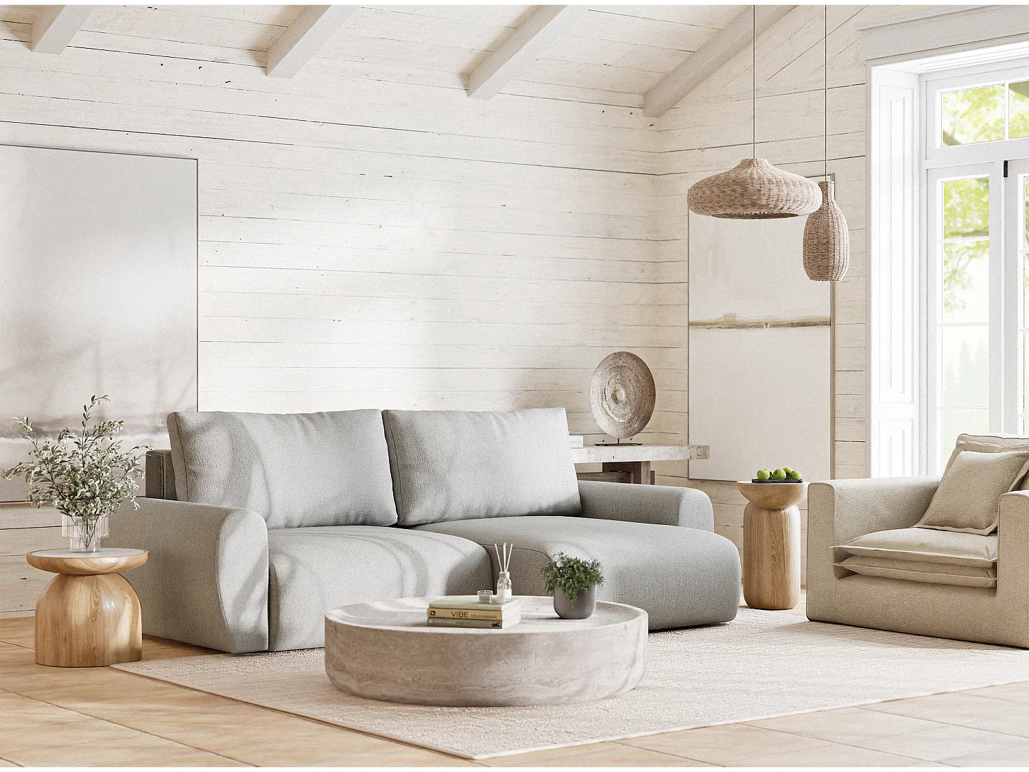 Ecksofa mit Schlaffunktion Numba aus Webstoff - Drei-Personen - hellgrau