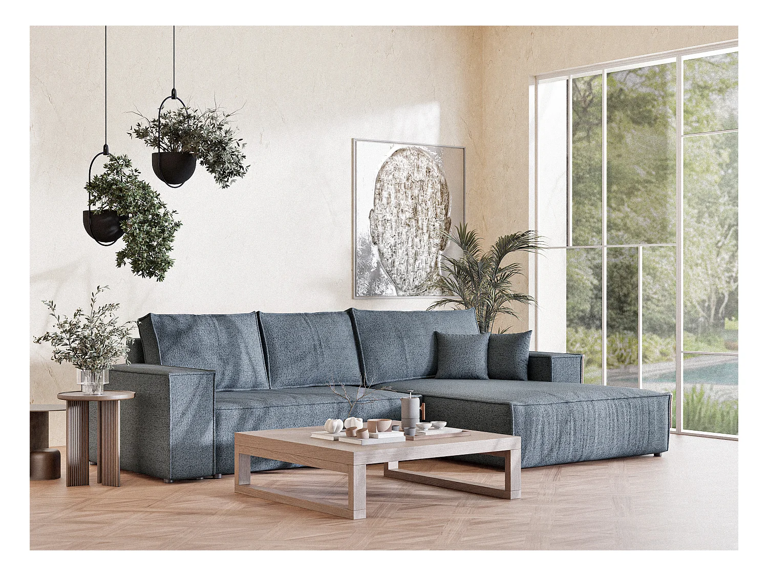 Canapé d'angle convertible Maze im tissu tresse - 5 places - bleu gris