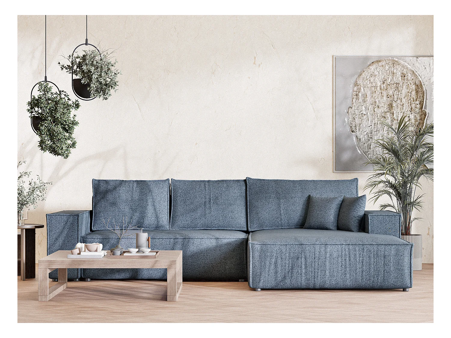 Canapé d'angle convertible Maze im tissu tresse - 5 places - bleu gris