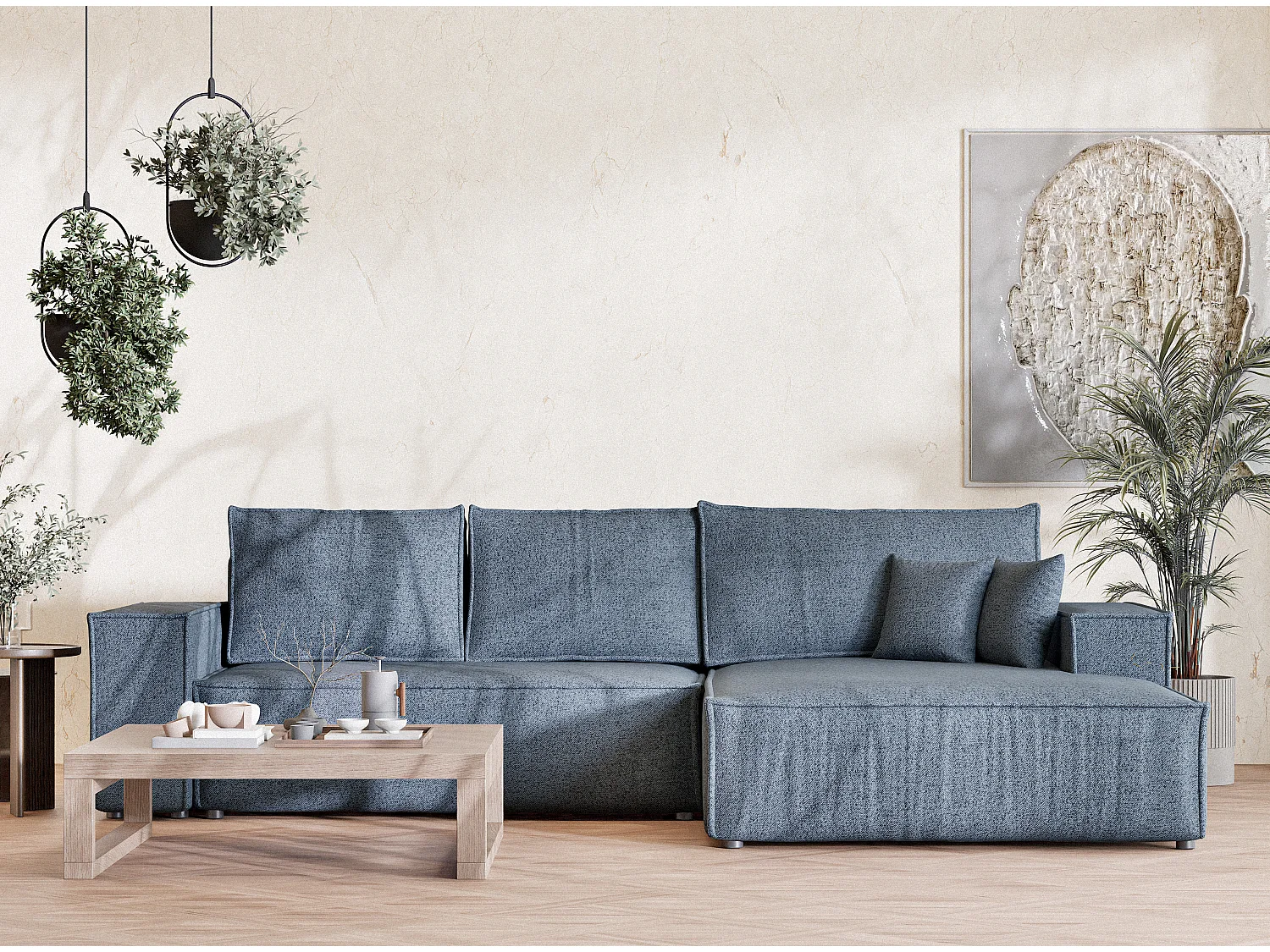 Canapé d'angle convertible Maze im tissu tresse - 5 places - bleu gris