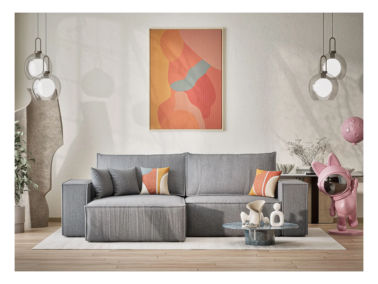 Canapé d'angle convertible Zaya im tissu tresse - 3 places - gris