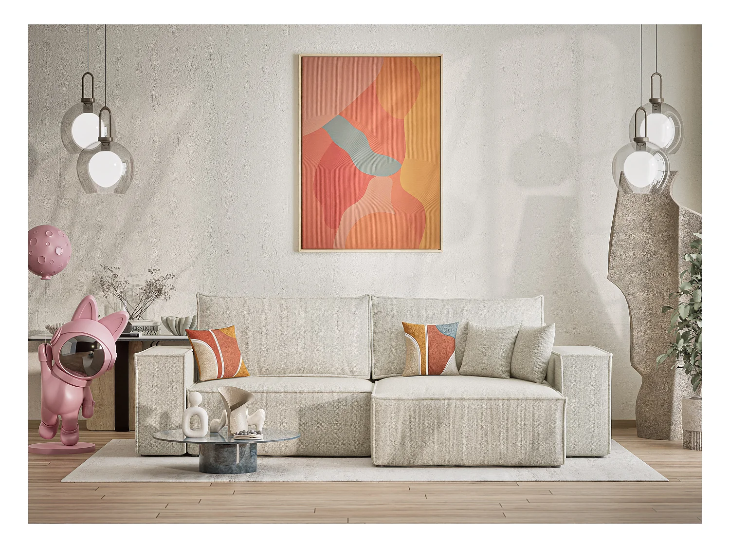 Canapé d'angle convertible Zaya im tissu tresse - 3 places - creme