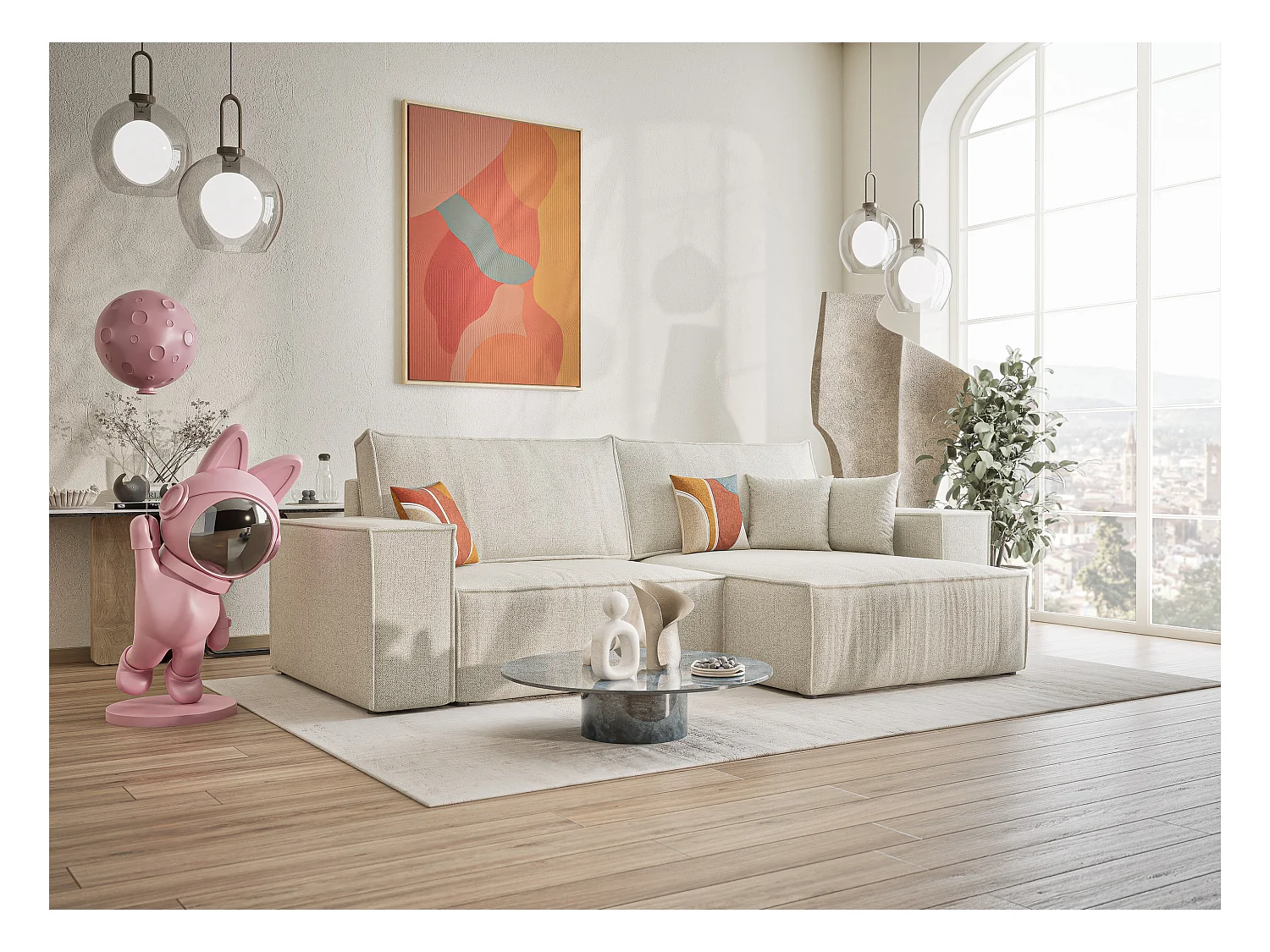 Ecksofa mit Schlaffunktion Zaya aus Webstoff - Drei-Personen - creme