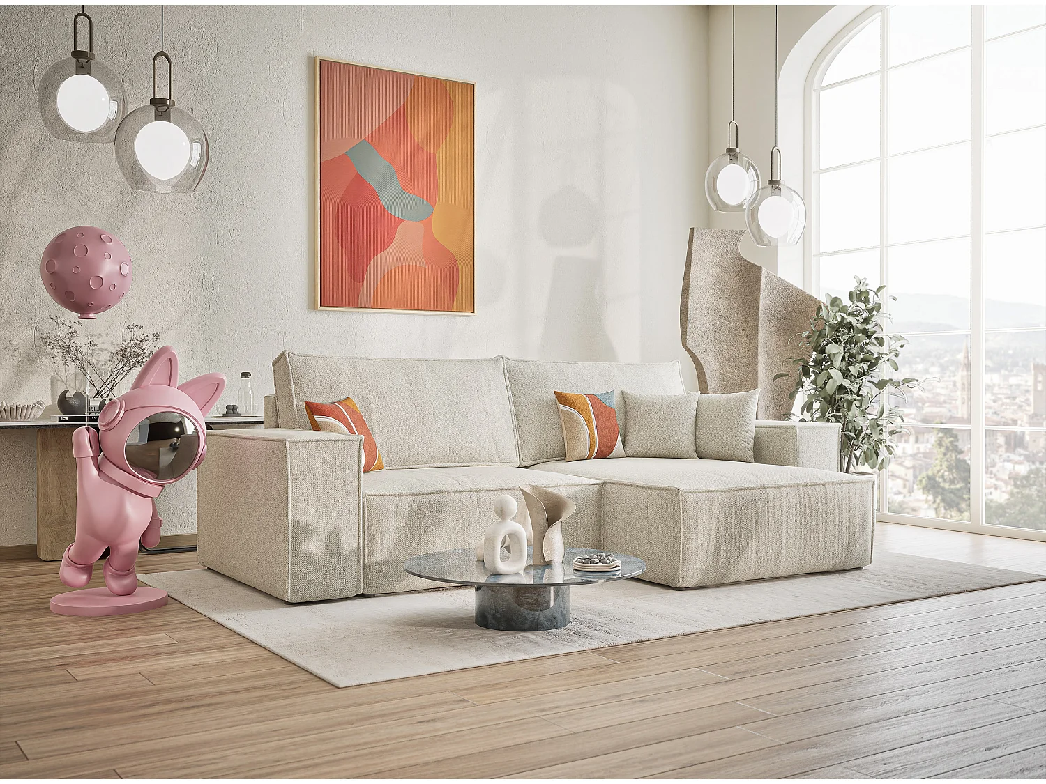 Ecksofa mit Schlaffunktion Zaya aus Webstoff - Drei-Personen - creme