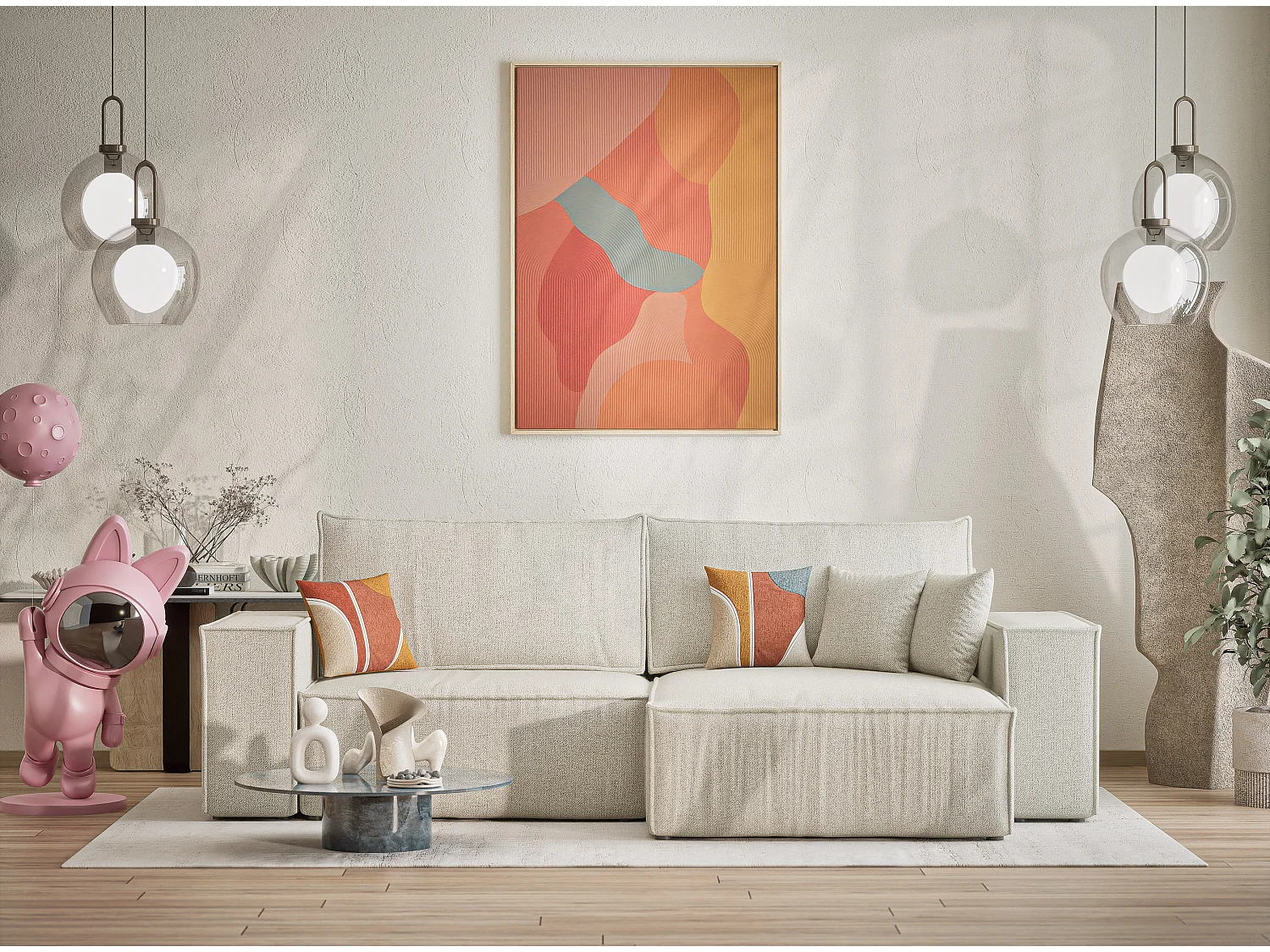 Ecksofa mit Schlaffunktion Zaya aus Webstoff - Drei-Personen - creme