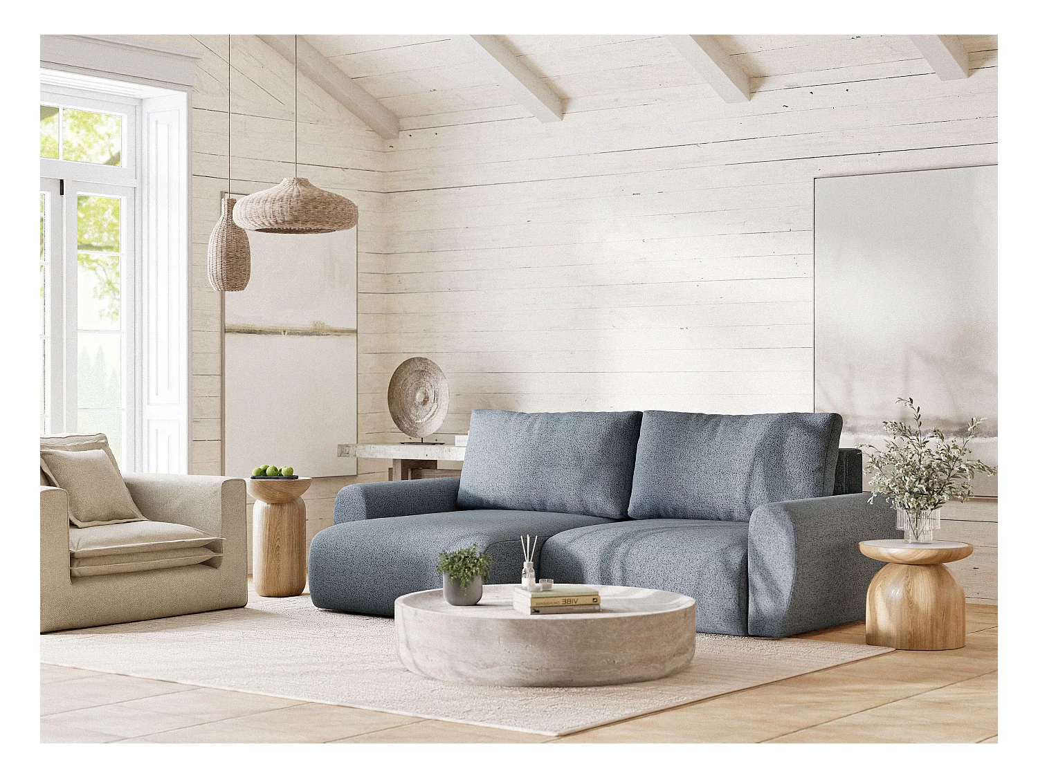 Canapé d'angle convertible Numba im tissu tresse - 3 places - bleu gris