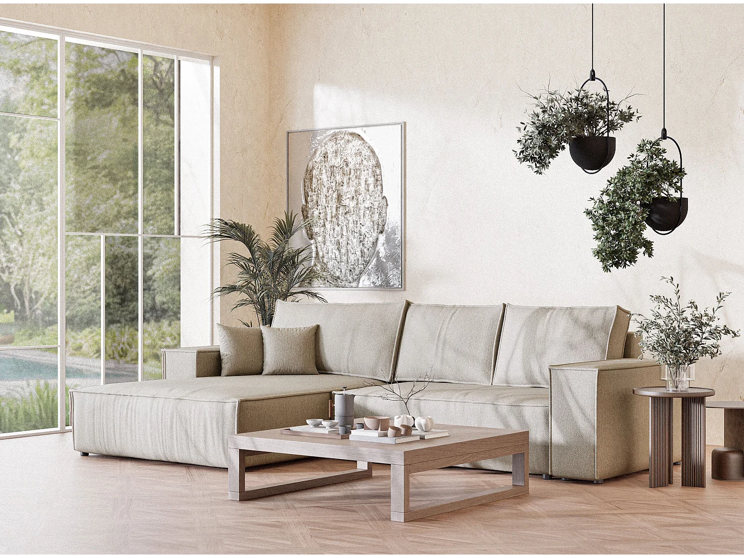 Canapé d'angle convertible Maze im tissu tresse - 5 places - beige