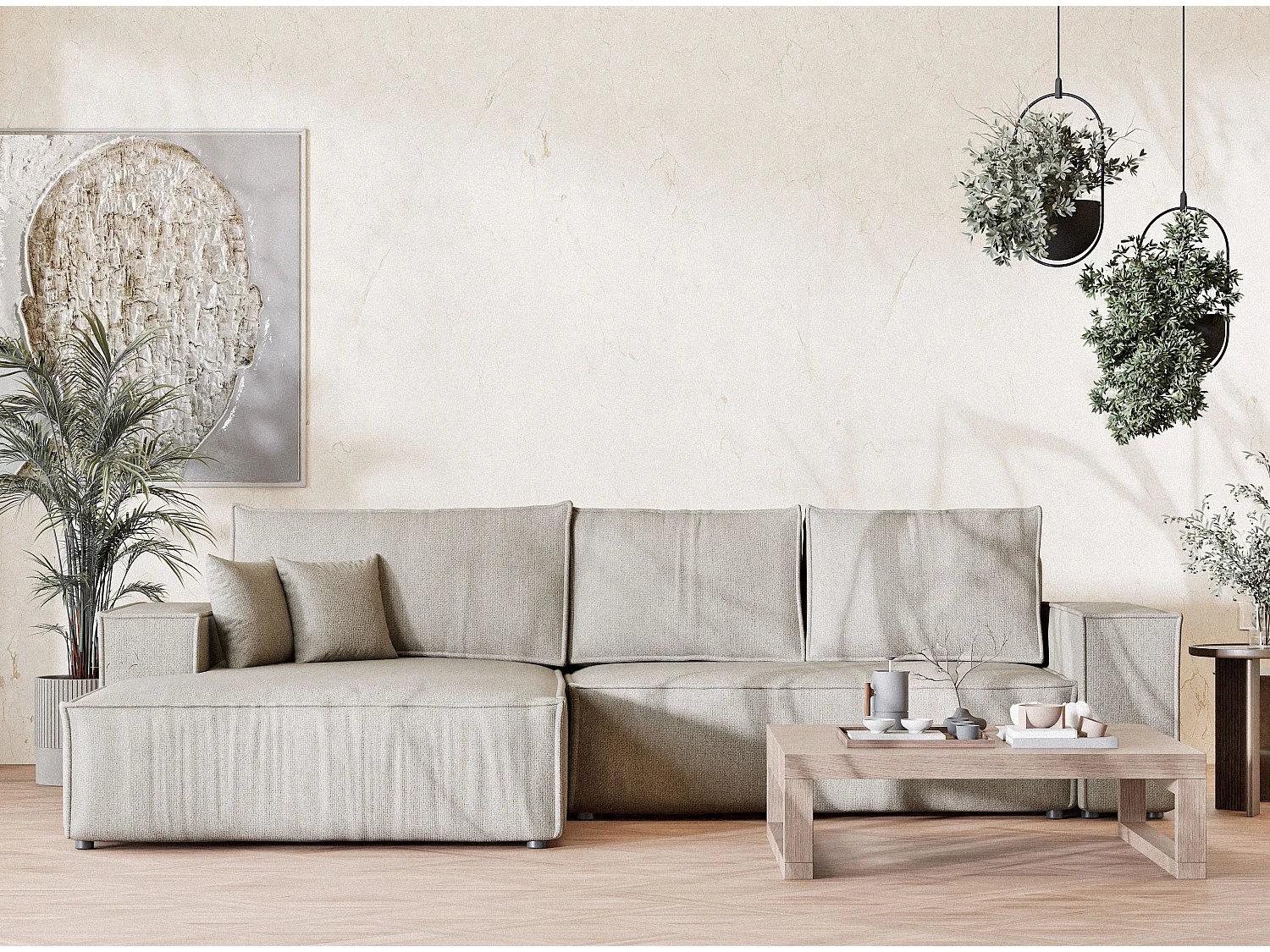 Canapé d'angle convertible Maze im tissu tresse - 5 places - beige