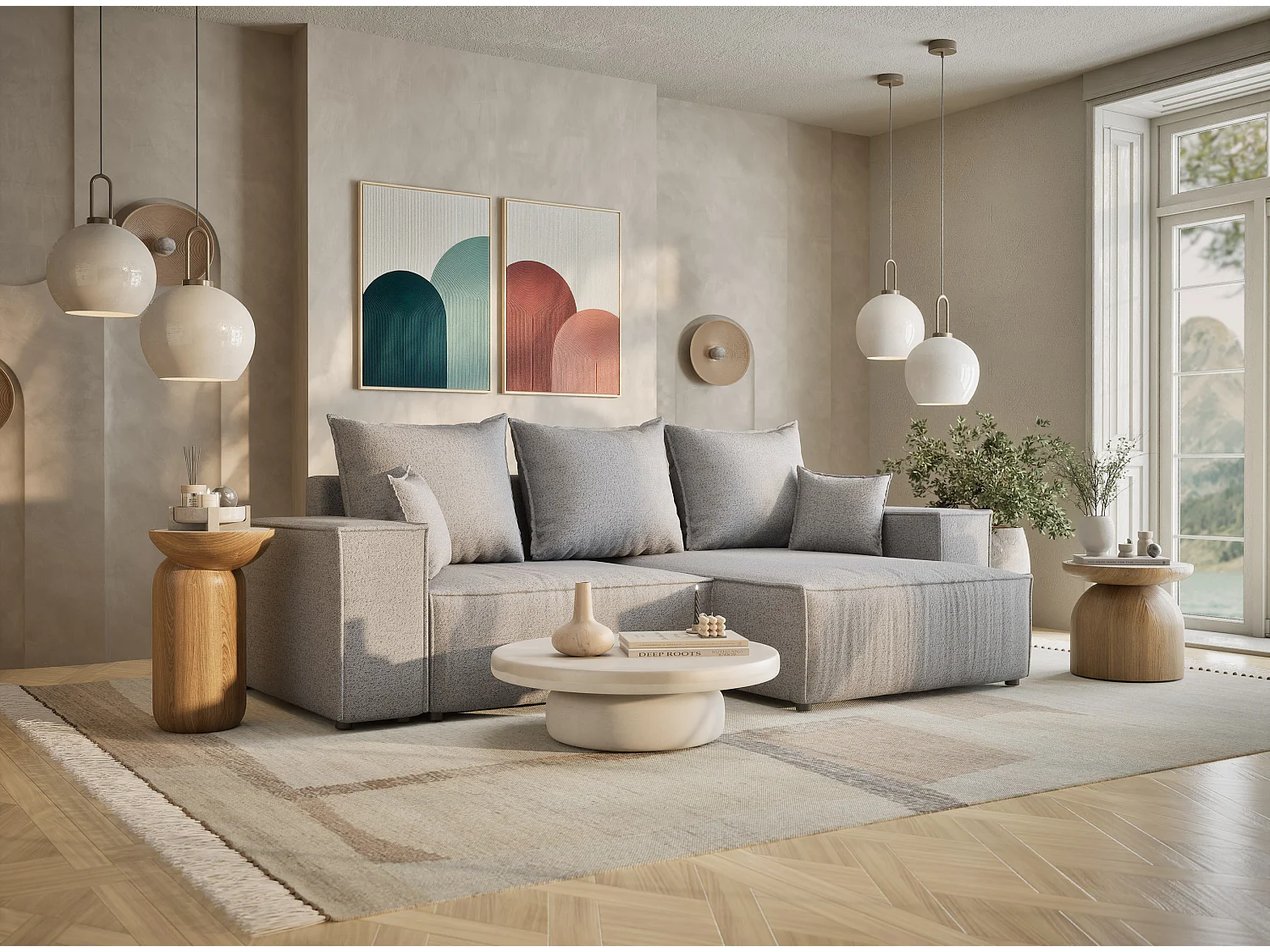 Canapé d'angle convertible Moyo im tissu tresse - 3 places - gris clair