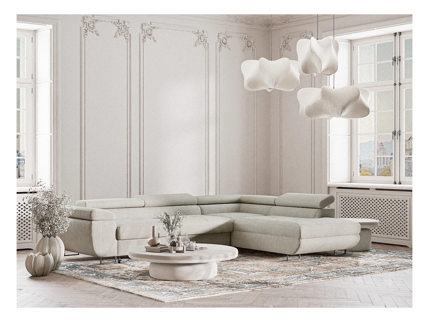 Canapé d'angle convertible Concord im tissu de velours - 5 places - creme