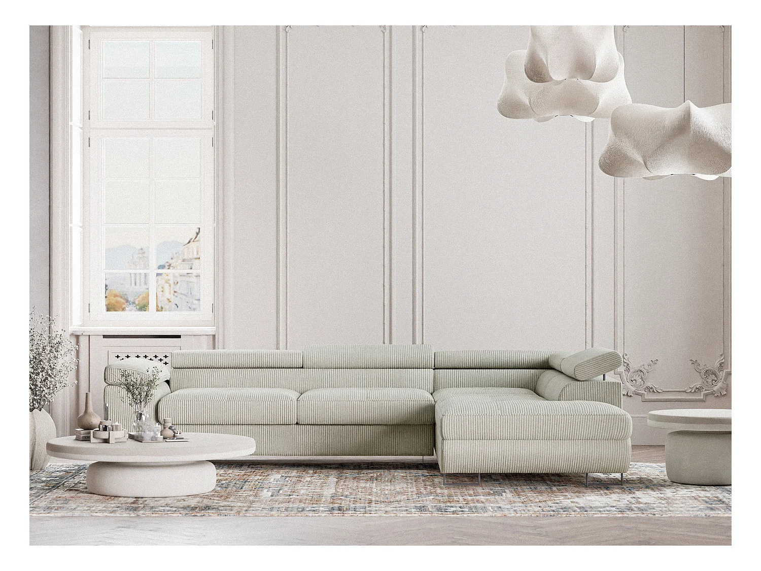 Canapé d'angle convertible Concord im tissu de velours - 5 places - creme